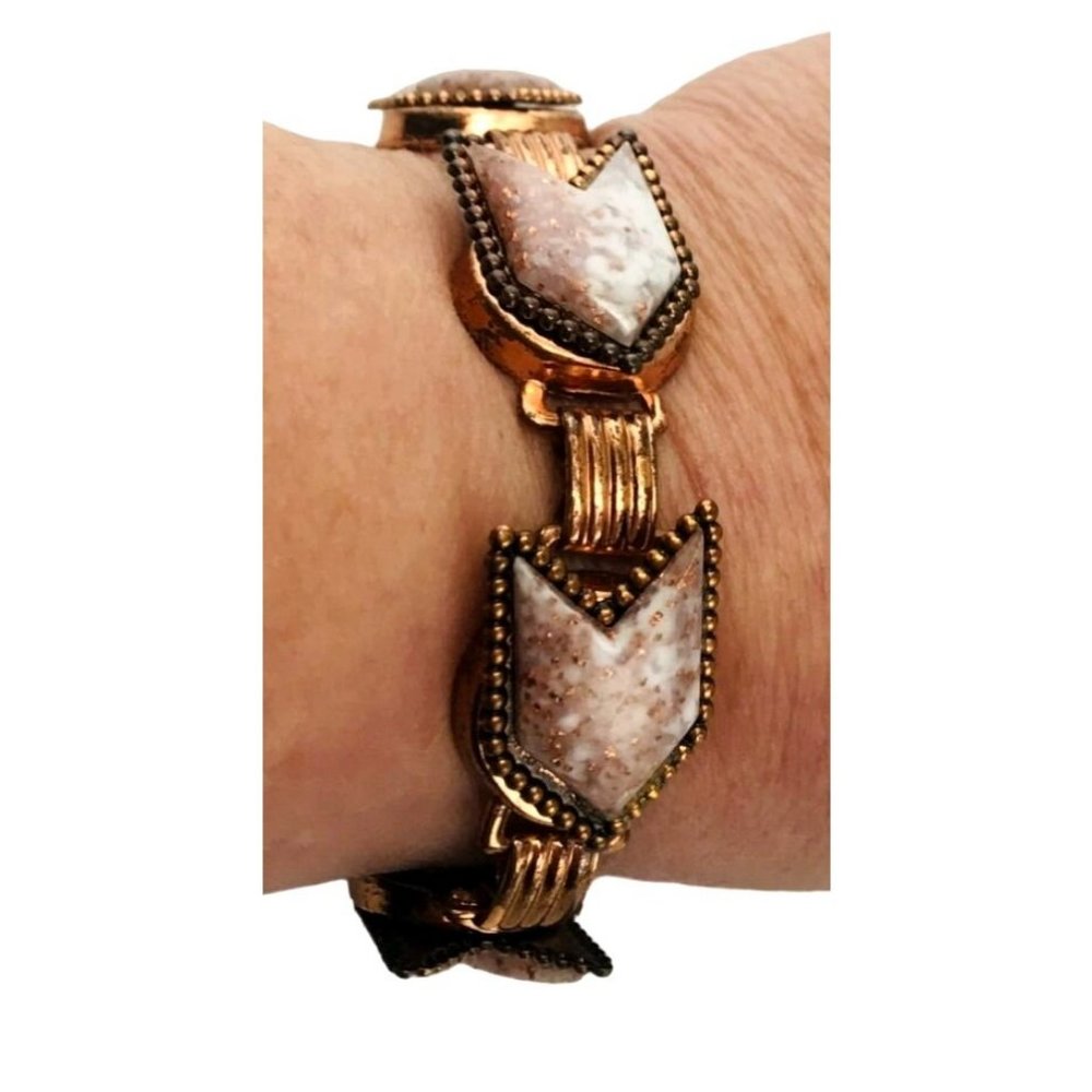 Vintage Copper Link Bracelet with White Chevron or Arrow Shaped Aventurine Cabs